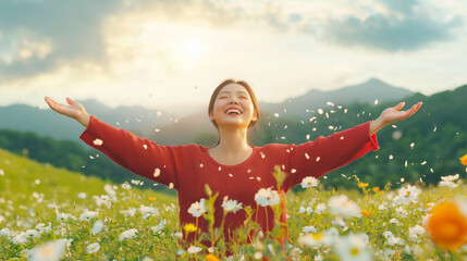 An asian woman standing with her arms outstretched and eyes closed with joy as she takes deep breaths. She is wearing red top.