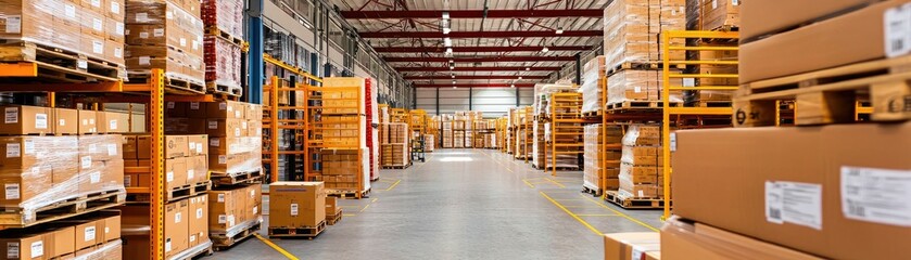 A spacious warehouse filled with stacked cardboard boxes and pallets, showcasing a well-organized storage environment.