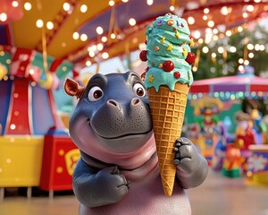 Wall Mural - A cheerful cartoon hippo happily holds a large ice cream cone, set against a vibrant carnival backdrop with colorful decorations and lights.