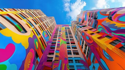 Aufkleber - Abstract patterns on high-rise building, vibrant colors, sky