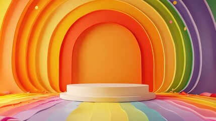 Abstract Rainbow Background with White Circular Platform