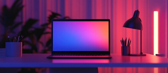 Poster - Laptop on Desk with Colorful Lights