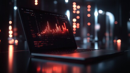 Poster - Laptop with Financial Charts in Dark Setting