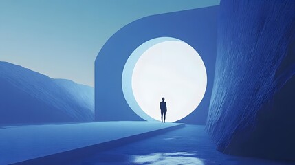 Poster - Lifestyle photo of a person walking through a 3D archway that transitions into a 2D illustrated landscape, blending dimensions, 4k resolution