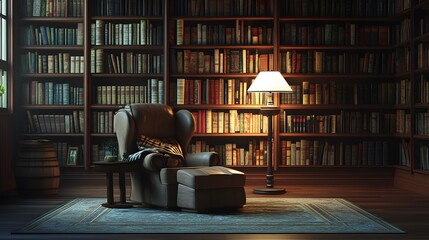 Poster - Lifestyle photo of a person reading a book in a 2D library with a 3D chair and lamp, blending fantasy with comfort, 4k resolution