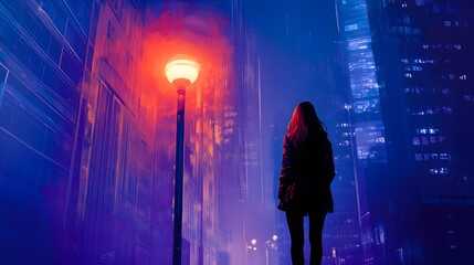 Poster - Lifestyle photo of a woman standing under a 3D streetlight in a 2D illustrated cityscape, merging light with illustration, 4k resolution