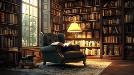 Poster - Lifestyle photo of a person reading a book in a 2D library with a 3D chair and lamp, blending fantasy with comfort, 4k resolution