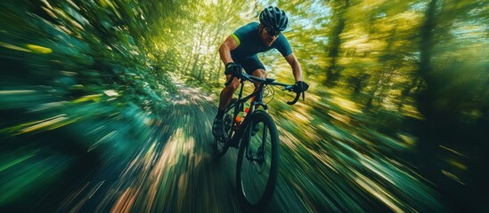 Cyclist rides through a forest on a mountain bike, with motion blur, in a bright green setting.