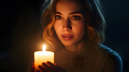 Aufkleber - Lifestyle photo of a woman holding a lit candle in a dark room, with the high contrast of light and shadow accentuating her expression, 4k resolution