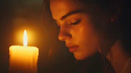 Aufkleber - Lifestyle photo of a woman standing by a flickering candle in a dark room, her face illuminated by the warm, high-contrast light, 4k resolution