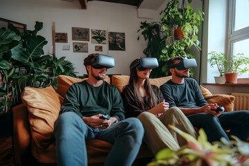 Poster - Lifestyle photo of a group using virtual reality to monitor green energy consumption in a high-tech urban community, 4k resolution