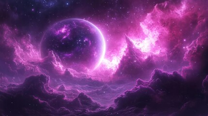 Wall Mural - A cosmic scene featuring a planet and moon against a backdrop of starry space.