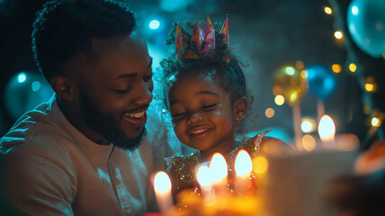 Wall Mural - Father and daughter celebrate a joyous birthday with candles and balloons in a cozy setting