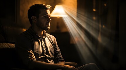 Aufkleber - Lifestyle photo of a man sitting in a dimly lit room with a single beam of light illuminating his expression, creating a mysterious atmosphere, 4k resolution