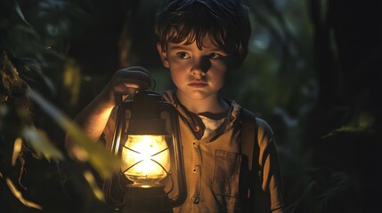 Poster - Lifestyle photo of a child holding a lantern in a dark forest, with the light casting intense shadows around, enhancing the dramatic effect, 4k resolution