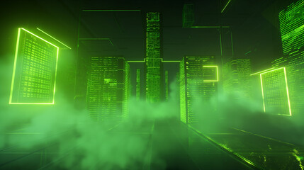  - Virtual reality display with neon green coding scripts, geometric data grids, and transparent screens floating against a dark, smoky background.