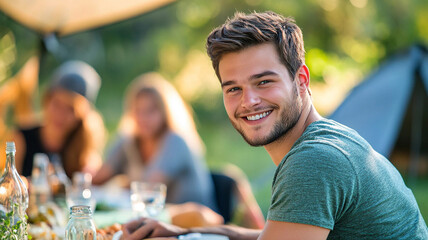 A young man enjoys a cheerful gathering with friends during a summer outdoor meal