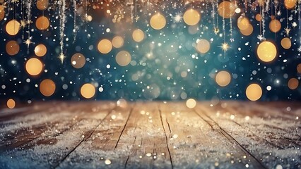 Wall Mural - abstract Christmas background with holiday lights and falling snowflakes magic bokeh copy space banner template happy New year 