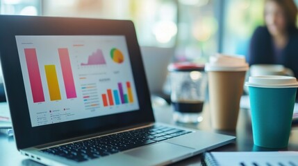 Poster - Laptop with Graphs and Charts in Cafe