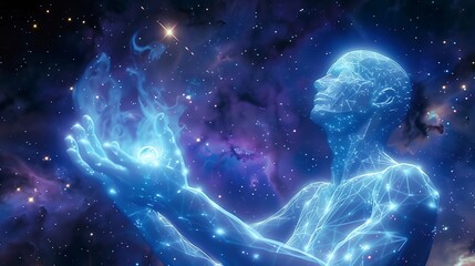 a glowing human figure stands in space with outstretched arms, holding a burning orb.