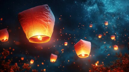 Wall Mural - A beautiful night scene with many kites soaring in the sky,