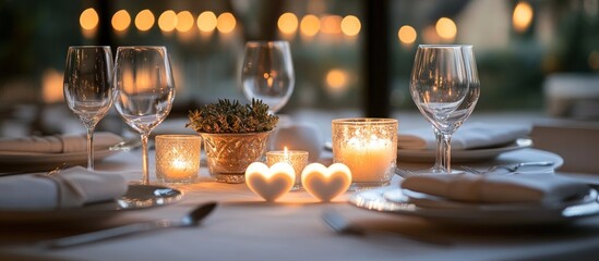 Romantic dinner table setting with two heart-shaped candles, wine glasses, and candles on a white tablecloth.