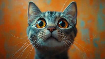  Crazy surprised cat makes big eyes close-up on a colored background.