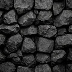 Poster - A close-up of a dark stone wall made of rough, uneven, and irregular stones.