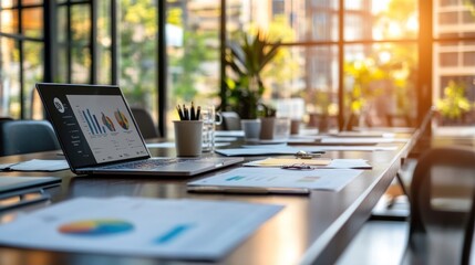 Poster - Laptop with Charts on a Conference Table