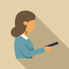 Poster - businesswoman holding and using remote control, side view, flat design illustration with long shadow