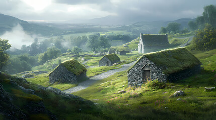 Panoramic view of an ancient celtic village, traditional stone houses, lush green landscape. Ancient Celtic Village. Illustration