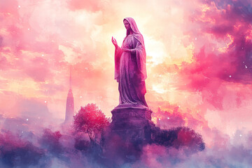 Pink watercolor of Grace virgin Mary statue, religious design art