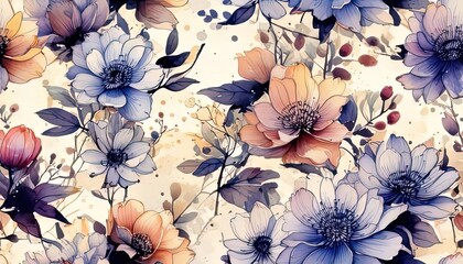 Lovely watercolor hand-drawn summertime flowers in a seamless vector floral design. stock photo. Natural art