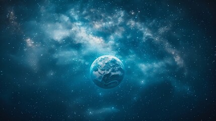Wall Mural - Stars shimmer in the darkness as Earth hangs prominently in the cosmos, surrounded by swirling clouds of gas and distant galaxies, presenting a stunning view of our planet in the universe.