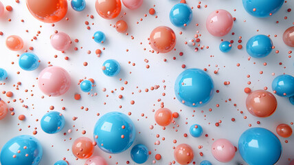 Poster - A vibrant arrangement of spheres in varying sizes and colors creates a dynamic visual effect. The red, blue, and pink spheres float against a smooth white surface, illustrating depth and dimension.