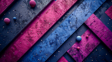 Poster - Vibrant geometric shapes in shades of pink and blue are arranged diagonally, featuring textured surfaces and small decorative spheres scattered across the design for a modern, dynamic appearance.