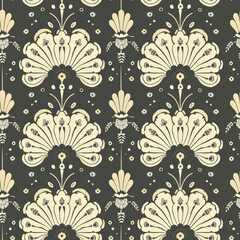 Poster - This vintage wallpaper features a detailed floral pattern, showcasing large blooms and elegant motifs in soft colors against a dark background, perfect for enhancing any interior space.