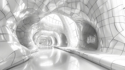 Poster - This captivating interior features smooth, flowing white surfaces that create a futuristic tunnel-like space, reflecting light off glossy textures, inviting exploration in a minimalist environment.