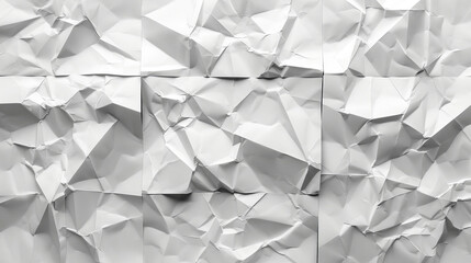 Poster - A collection of crumpled white paper forms an abstract texture, showcasing intricate folds and shadows. The light emphasizes the surface details, creating a visually striking effect.