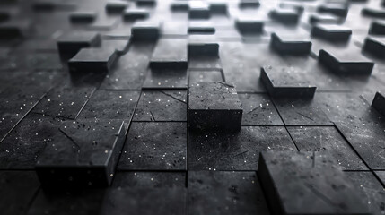 Poster - Interlocking textured blocks cover a dark surface, creating a visually striking pattern. The low, soft lighting highlights the uneven edges, adding depth to this modern, abstract scene.