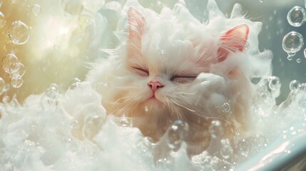 Poster - Fluffy White Cat Surrounded by Soap Bubbles