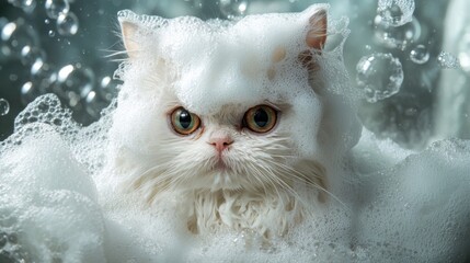 Poster - Fluffy White Cat in Soap Bubbles