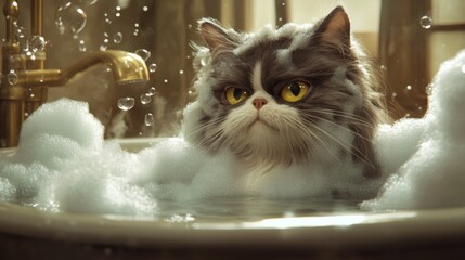 Poster - Fluffy Cat Enjoys Soapy Bath Time Fun