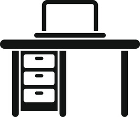 Poster - simple black and white vector icon of a laptop on a modern desk with drawers, perfect for representi