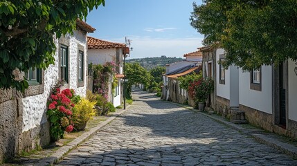 A charming village with cobblestone streets and traditional houses, 