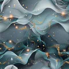Poster - Delicate layers of translucent blue and gray material intertwine with shimmering gold accents and glimmers, creating an elegant and mesmerizing abstract pattern filled with depth and allure.