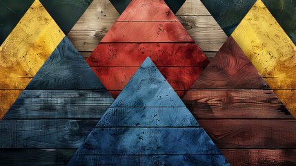 Poster - A striking assortment of colorful triangular shapes arranged in a geometric pattern covers a wooden wall, showcasing shades of blue, red, yellow, and brown.