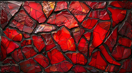 Poster - Intricate patterns emerge from a vibrant mosaic created with various shards of red glass, highlighting their shapes and textures against a stark, dark backdrop that enhances their richness.