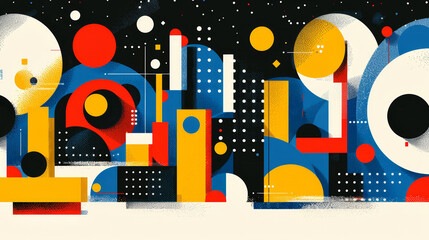 Poster - A vibrant mural features a variety of geometric shapes in bold colors, including red, blue, yellow, and white. The artwork creates a lively atmosphere, enhancing the urban environment.