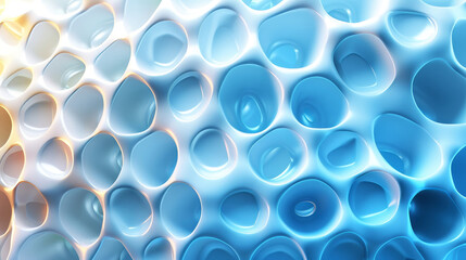 Poster - A vibrant display of blue bubbles with varied sizes creates a captivating visual effect. Light reflections and shadows enhance the texture, offering an engaging perspective in a digital composition.